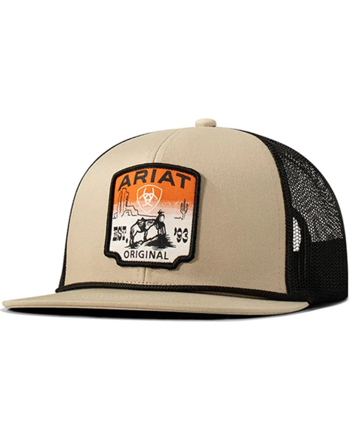Ariat Khaki Trucker Cowboy Hat - Desert Logo Patch, Unisex Fit, Adjustable Size, Western Edge Style, Mesh Ventilation Back, Western-Inspired Hats, Outdoor-Themed Hats