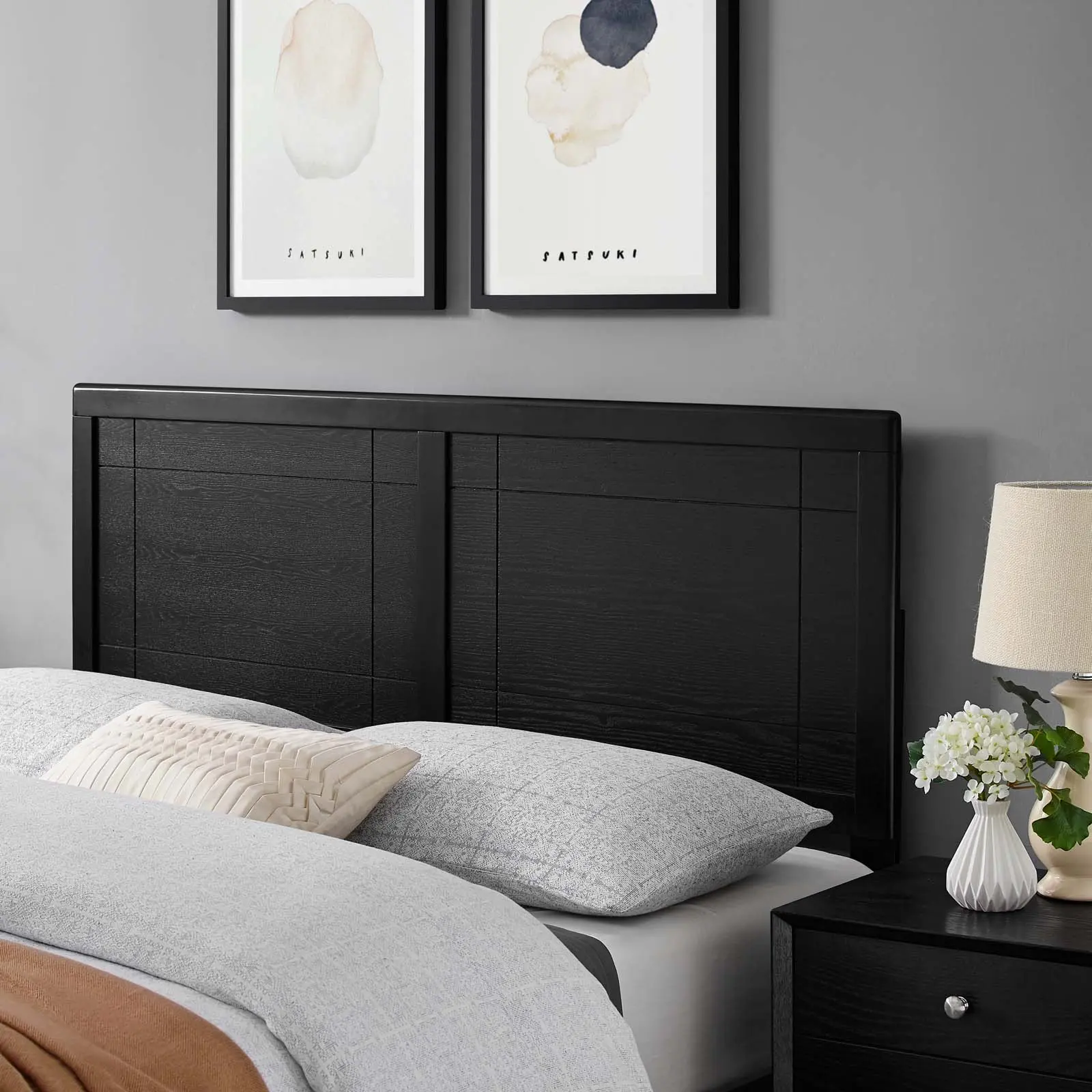 Modway Archie Twin Headboard - Traditional Mid-Century Wood Veneer Indoor Furniture for College Dorms, Black, Assembly Required