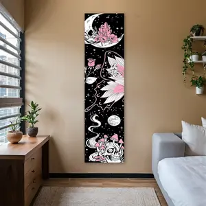 Boho Art Design Vertical Tapestry for Bedroom, Moon Skull Stars Pink Flower Pattern Rectangle Banner Aesthetic Home Decor for Party Living Room, Surrealism Style Long Durable Decorative Tapestry