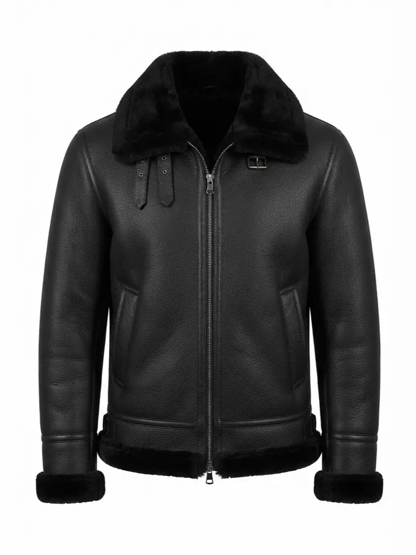 Men's Genuine Sheepskin Shearling Jacket, Black Leather Bomber Coat with Fur Collar, Zip Front Winter Aviator Jacket