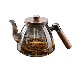 1200ml Smoky Gray Glass Teapot with Wooden Handle and Infuser for Tea Brewing