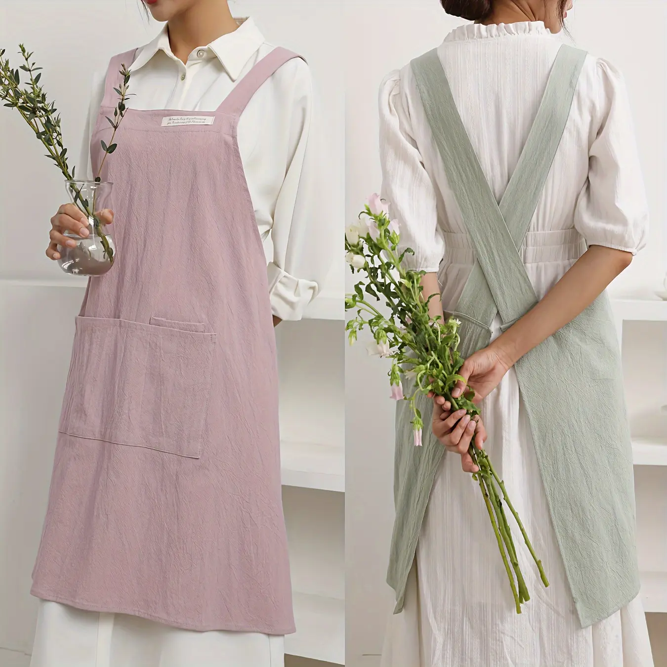 1pc Of Linen Apron, Strap Apron With Pockets, Chef Uses Apron For Gardening, Cooking, Baking, Flower Shop Painting, Barista, Clothes Cover Cotton White Blue