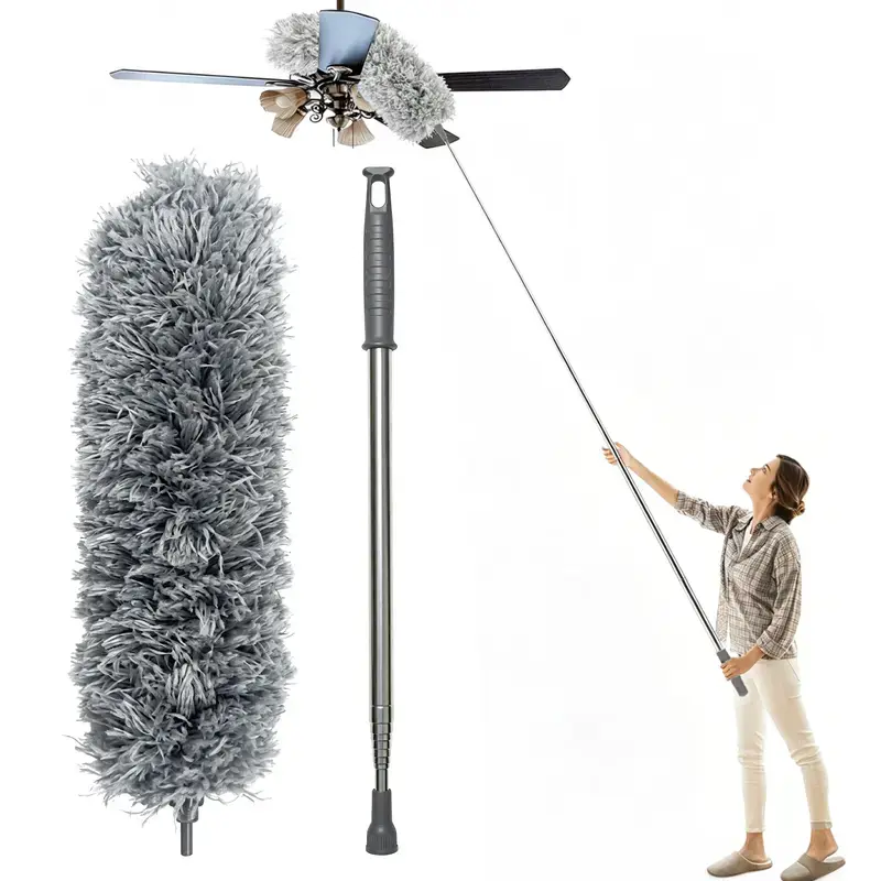 Telescopic Microfiber Duster with 100" Adjustable Stainless Steel Pole, Washable Electrostatic Head for Ceiling Fan and Household Care, Extension Pole