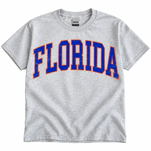 Vintage Varsity State T-Shirt | Retro Distressed Arched Letter Graphic Tee | Unisex Gildan Ash Gray Shirt | Classic Game Day Style | Casual Everyday Wear