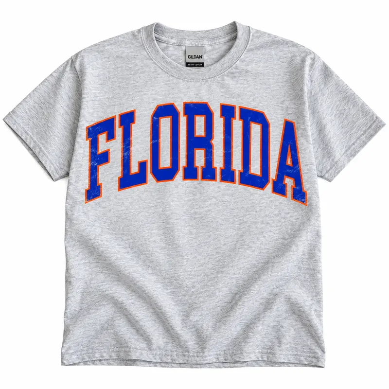 Vintage Varsity State T-Shirt | Retro Distressed Arched Letter Graphic Tee | Unisex Gildan Ash Gray Shirt | Classic Game Day Style | Casual Everyday Wear