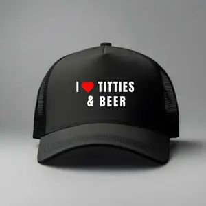 Unisex Casual Fashion Funny Quote Snapback Trucker Cap - Black, Mesh Back, Bold Statement "I LOVE TITTIES AND BEER" Text, 1-Size Adjustable, 1 Size Fits Most Hat, One Size Fits Most