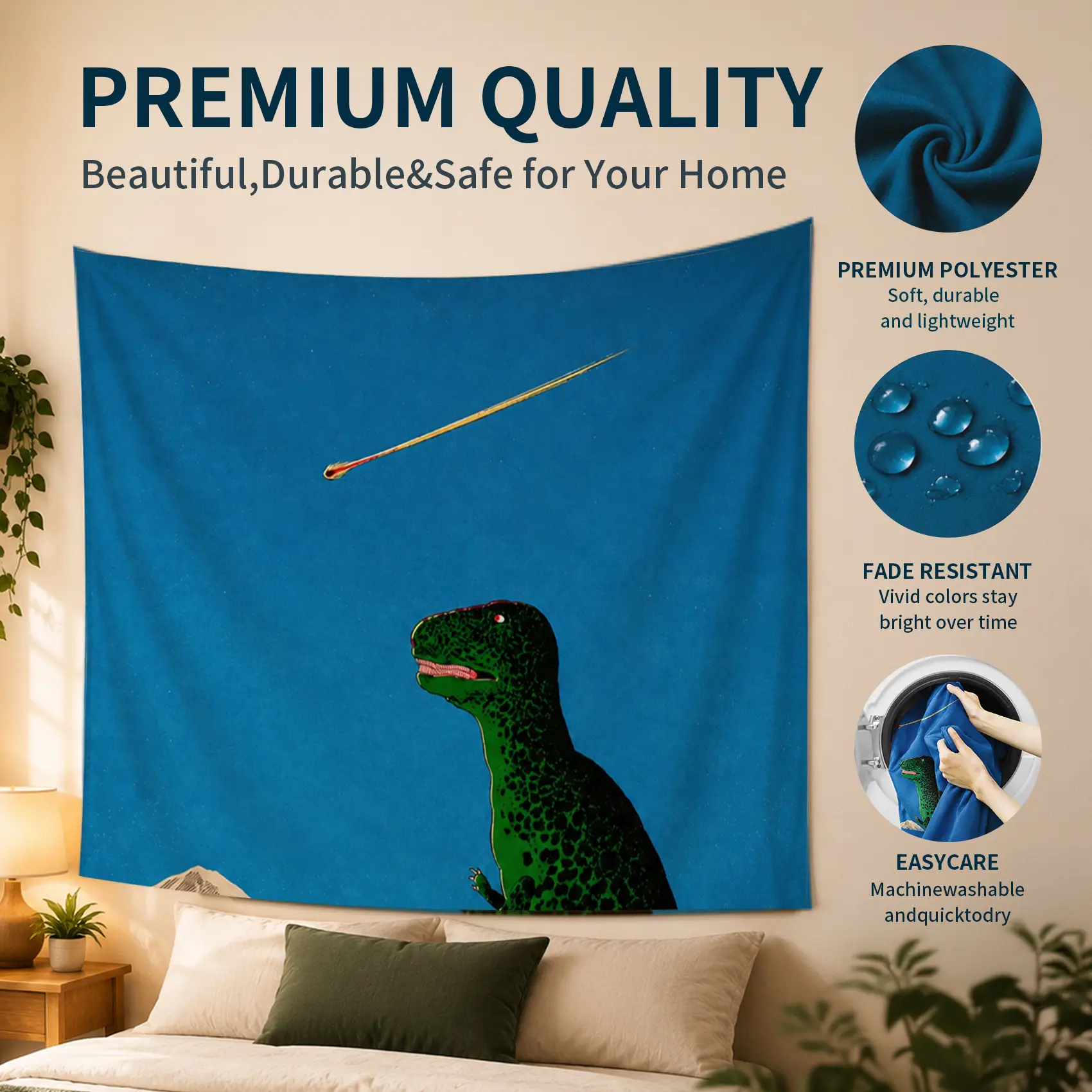 Funny Dinosaur Tapestry - Smooth, Lightweight Decorative Wall Hanging with Relatable Meteor Design, Blue Sky & Green Dinosaur Backdrop, 60x51 in Indoor Home Decor for Dorm Bedroom, Indoors