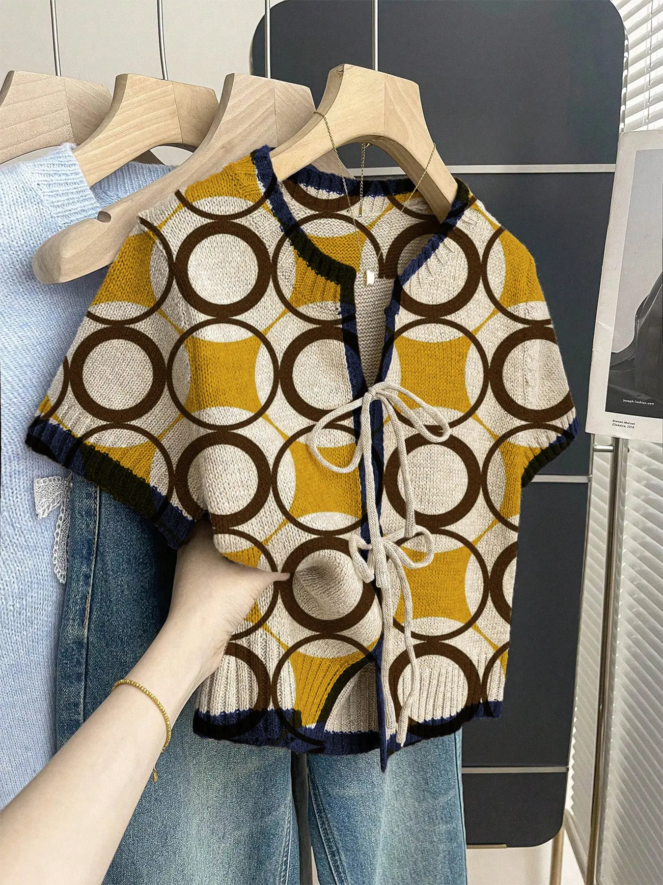 Boho Style Loose Round Neck Knit Top, Geometric Print, Summer & Spring Women's Clothing, Casual Fashion Knit Short Sleeve Sweater, Knitwear, Knitted Casual Top, Loose Knit Tops