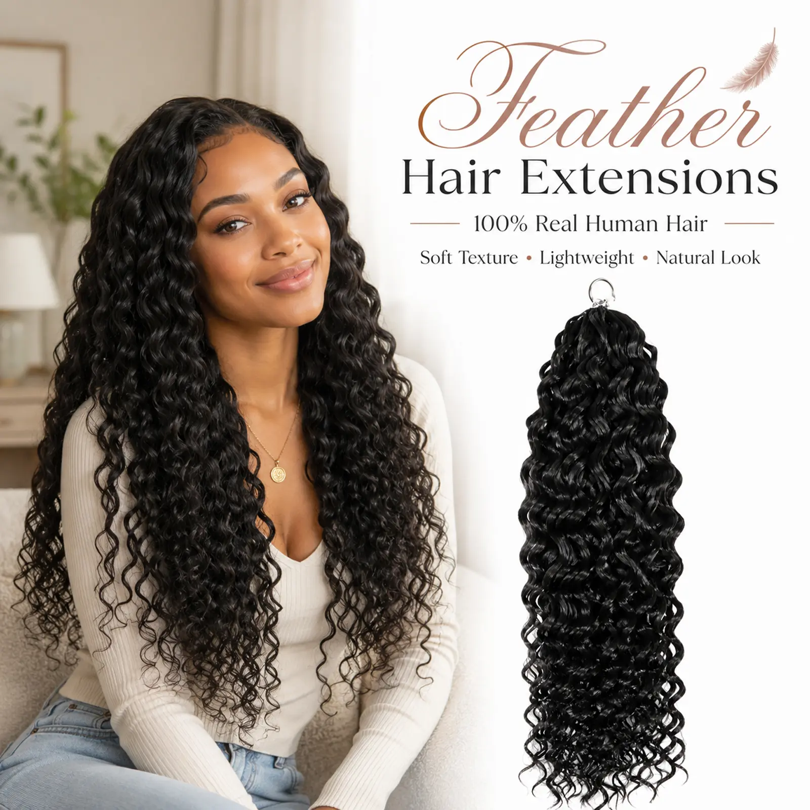 100% Human Hair Water Wave Feather Crochet Hair Extensions Natural Black 14–24 Inch Brazilian Raw Remy Human Hair Knotless Pre-Separated Invisible Lightweight Crochet Hair Soft Natural Reusable Heat Styling No Tangle Low Shedding