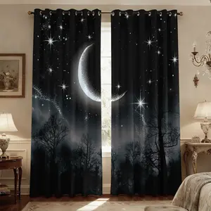 2 panels Galactic starry sky and dark forest blackout curtains, Home Decoration Curtain, with a looped top for easy hanging, suitable for privacy protection in bedrooms, living rooms, kitchens, or party spaces, Window Curtain