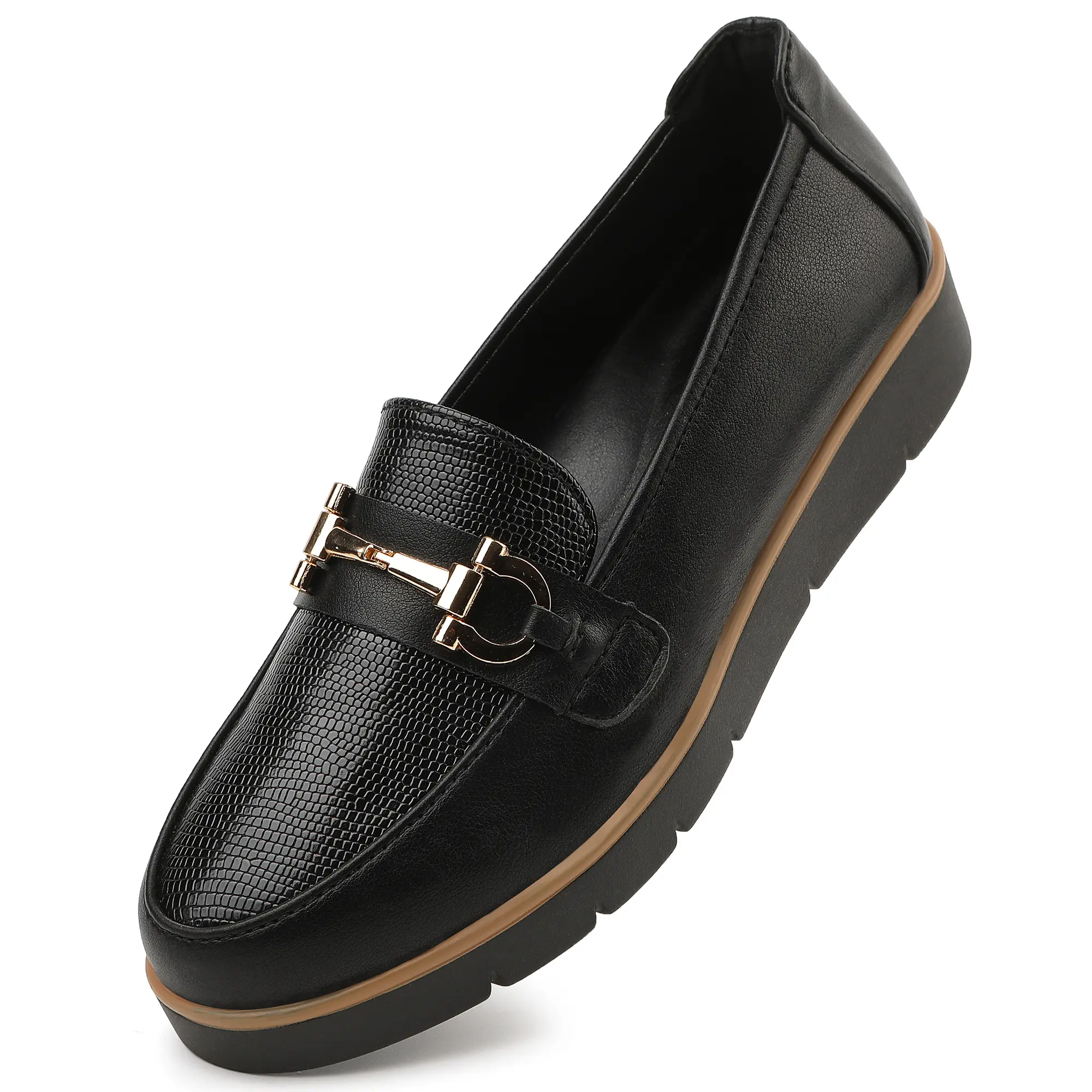 Women's Patent Leather Loafers with Croco Emboss, Chunky Slip-On Platform Shoes for Casual Wear & Office Party, Chunky Sole
