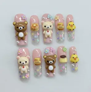 Cute Rilakkuma Bear Press On Nails | 3D Honey And Pancake Nail Art | Kawaii Pink Glitter Dessert Nails | Sweet Japanese Character Nails