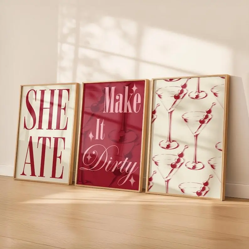 Set of 3 Red Martini Prints She Ate Quote Art Make It Dirty Bar Poster Retro Cocktail Decor Trendy Kitchen Gallery Wall Art