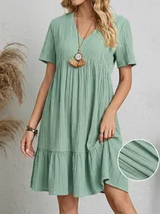 Women's Summer Daily Bohemian Vacation Style Textured Ruffle V-Neck Short Sleeve Dress Home Outdoor City Loose Trend Casual Elegant Youth Simple Versatile Texture Temperament Literary Art