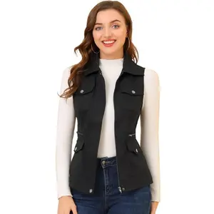 INSPIRE CHIC Zip Up Jacket with Pockets Sleeveless Cargo Utility Vest Black
