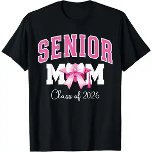 100% Cotton Unisex Senior Mom Class Of 2026 Pink Coquette Bow Senior Mama 2026 T-Shirt Casual Graphic Printed Vintage Tshirt