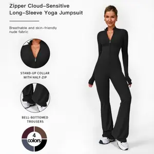 TCVC Autumn Winter Women's Long Sleeve Flared Sports Jumpsuit -ZipperJumpsuit, Wide Leg Bodysuit, Sexy One-Piece YogaJumpsuit, Fitness Activewear for the Gym, Pilates,Casual or Street Wear, Tennis Skirt with Shorts and Tie.Front Activewear sporty yoga set