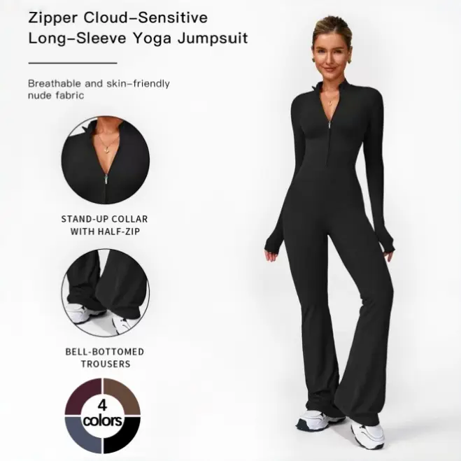 TCVC Seamless Long Sleeve Flared Jumpsuit | Half Zip High Neck Activewear Bodysuit for Yoga, Pilates & Everyday Wear