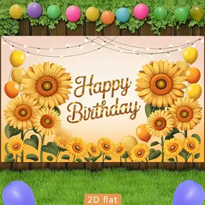 2D Flat Banner Polyester Photography Backdrop, HD Digitally Printed Soft Lightweight Foldable Background Cloth featuring Sunflowers, Balloons, and String Lights with "Happy Birthday" text for Birthday Party Decorations, Photo Boot