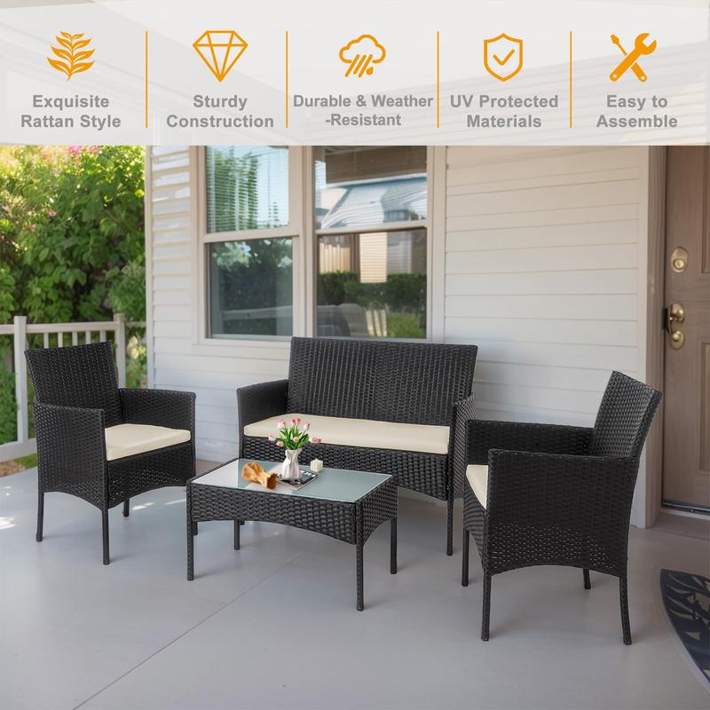 4 Piece Outdoor Wicker Patio Conversation Furniture Set, Rattan Chair Wicker Sofa Garden Conversation Sets with Cushion and Glass Table for Yard Pool or Backyard 4 Piece Outdoor Wicker Patio Conversation Furniture Set, Rattan Chair Wicker Sofa Garden Conversation Sets with Cushion and Glass Table for Yard Pool or Backyard