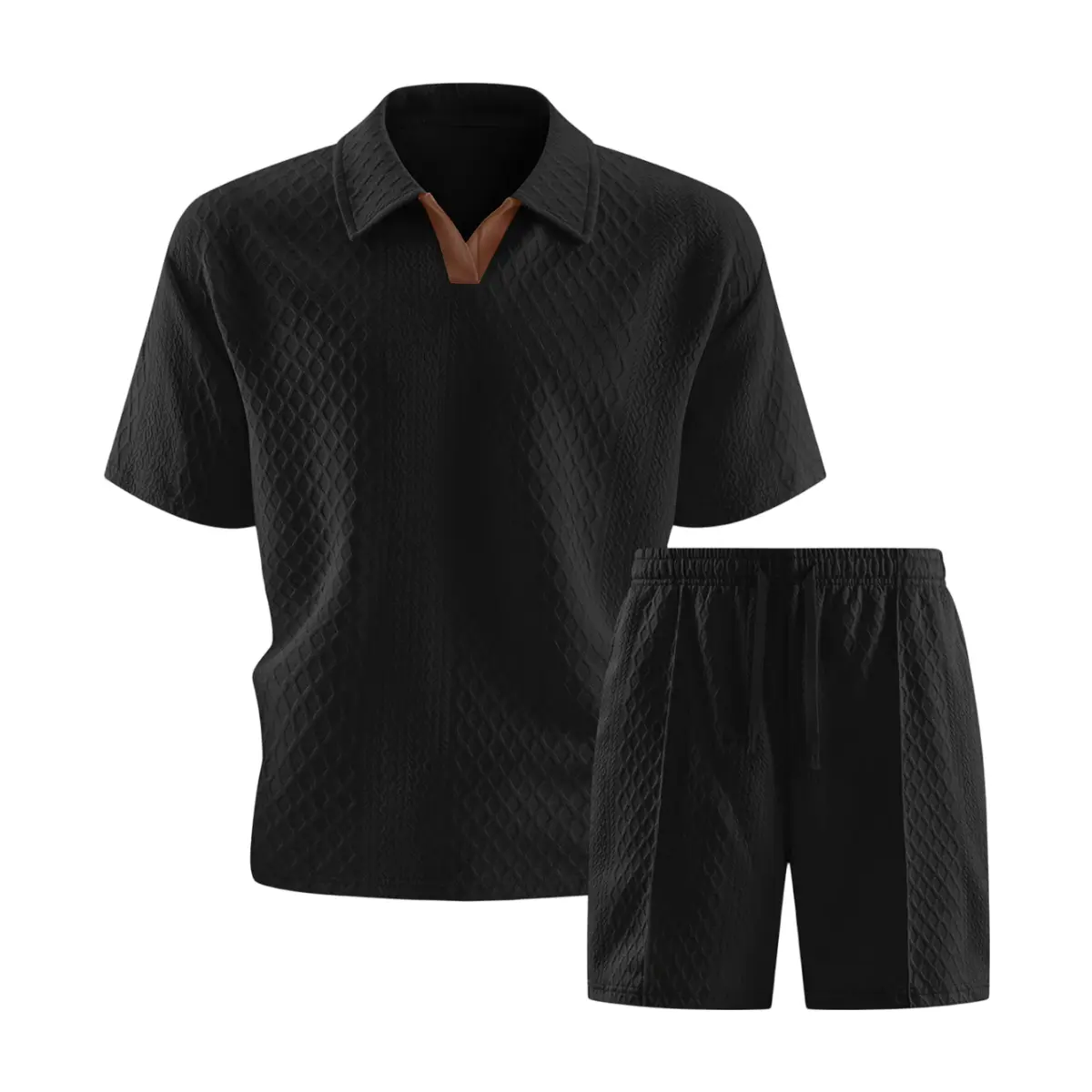 Men's color-block collar polo shirt and shorts two-piece set with a stylish color-block design at the collar, breathable knitted fabric, casual loose fit, very suitable for summer daily wear, beach activities, vacations, and street style
