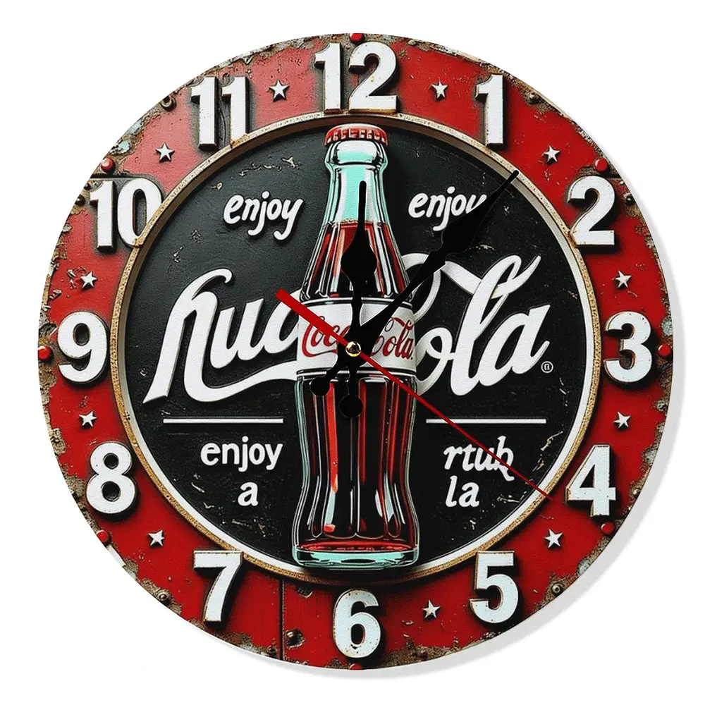 Retro Soda Pop Wooden Wall Clock, Red Vintage Diner Decor, Silent Non-Ticking Rustic Timepiece for Kitchen Bedroom, 10/12 Inch