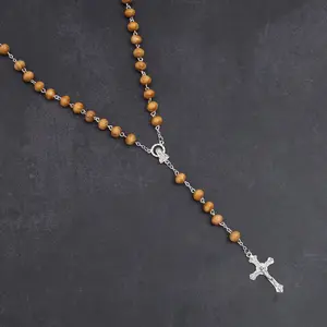 Natural Wood Bead Cross Pendant Necklace Unisex Faith Inspired Rosary Chain 8mm Beads Layering Piece for Everyday Wear