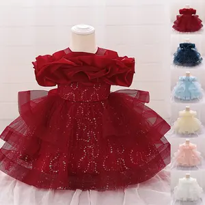 Sequins Maroon Anniversary 190 Baby Girls Clothes Infant Cocktail Dress Toddler Pageant Ball Gown Princess Baptism Frock 6M-3Y