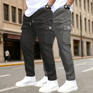 2-pack men’s loose straight cargo pants featuring side 3D multi pockets and a drawstring elastic waistband; comfortable, breathable, wear-resistant, and wrinkle-resistant. American trendy minimalist style that’s versatile—ideal for everyday commuting and