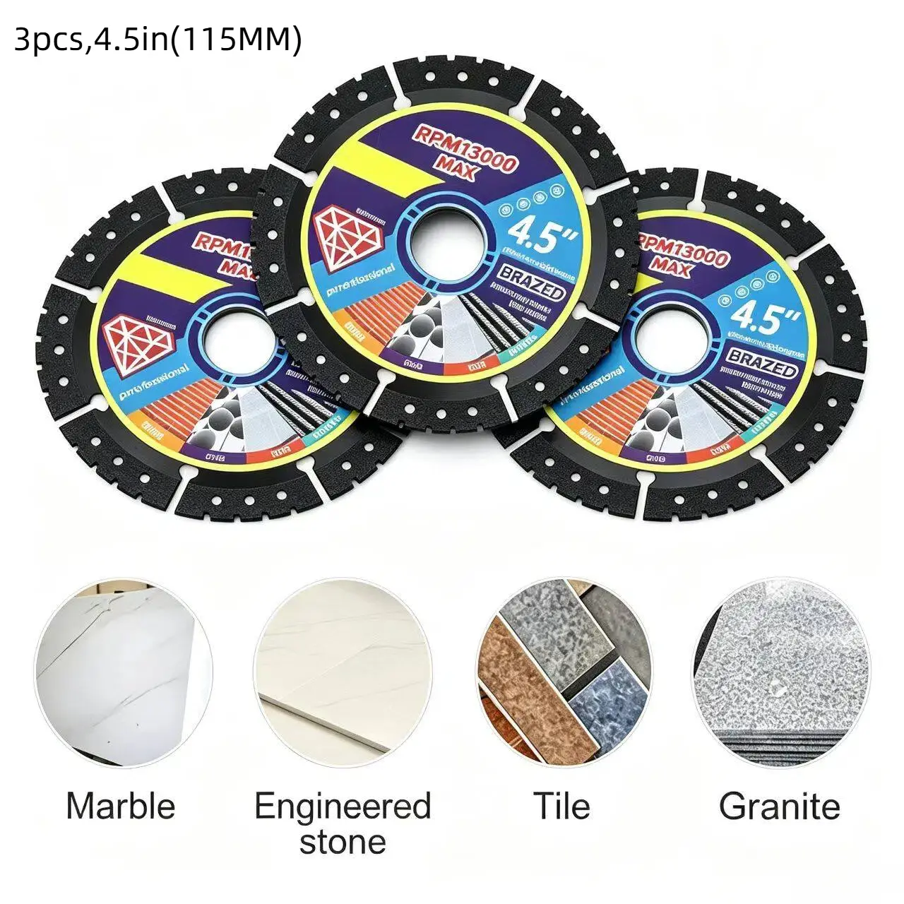 4.5 Inch Brazed Diamond Saw Blade 115mm Multifunctional Cutting Disc for Angle Grinder, Cut Iron, Stainless Steel, Stone, Wood, PVC Pipe Heavy Duty Grinding Wheel Max RPM13000