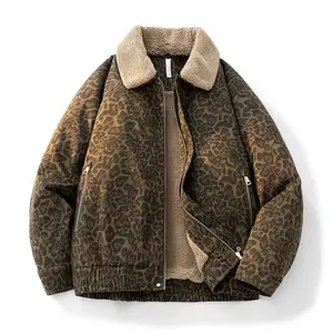 New Men's Sports Pilot Jacket Trendy Long Sleeve Leopard Print Turn-down Collar Zipper Coat