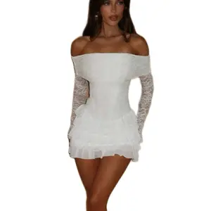 Women Sexy Lace Mini Dress Off Shoulder Long Sleeve Tiered Hem Summer Tube Top Dress