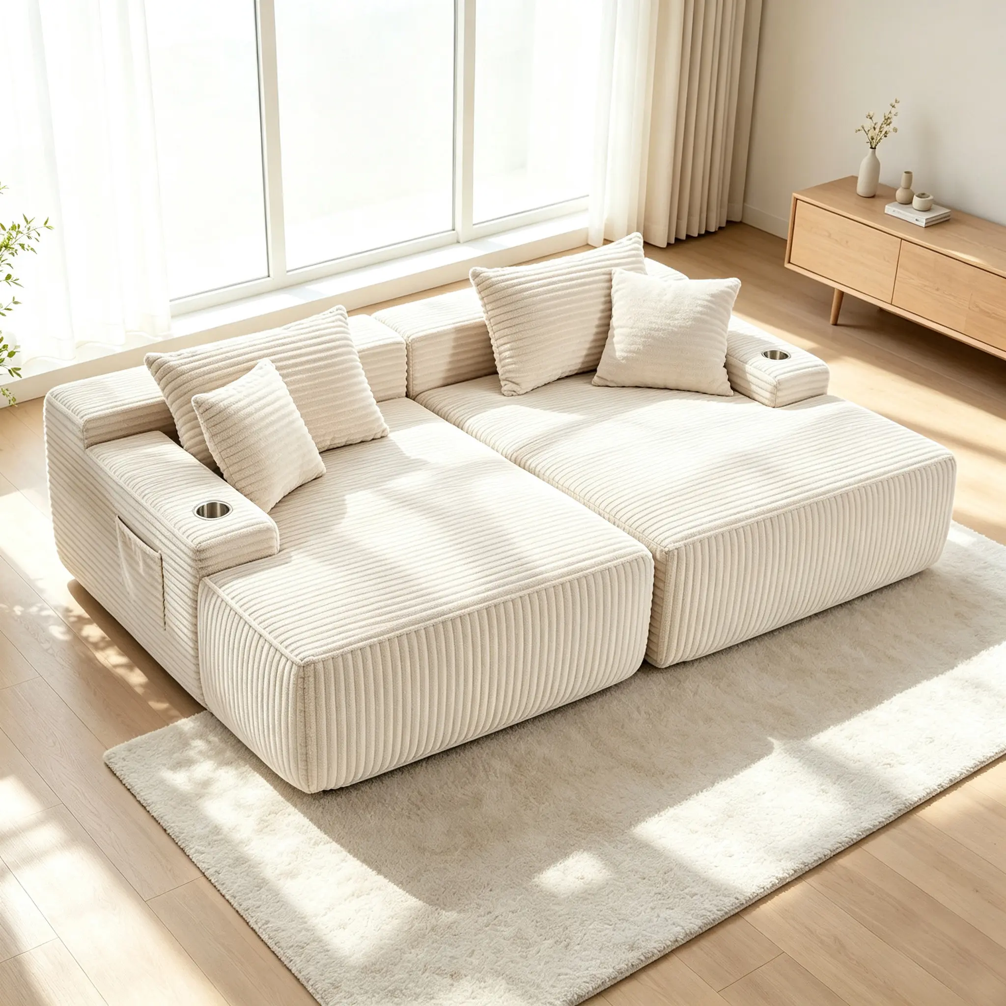 Minimalist 85-Inch Corduroy Fabric Double Seater Cloud Chaise Lounge Sofa, 2-Person Boneless Cushion Sofa Bed, Lazy Deep Seat Indoor Sleeper Couch, No Assembly Required for Living Room Cozy Corners