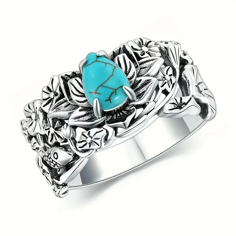 Women's Super Exquisite Vintage Distressed Inlaid Teardrop Turquoise Ring - Niche High-End Light Luxury Floral Hand Accessory, Turquoise Jewelry, Rings for Women