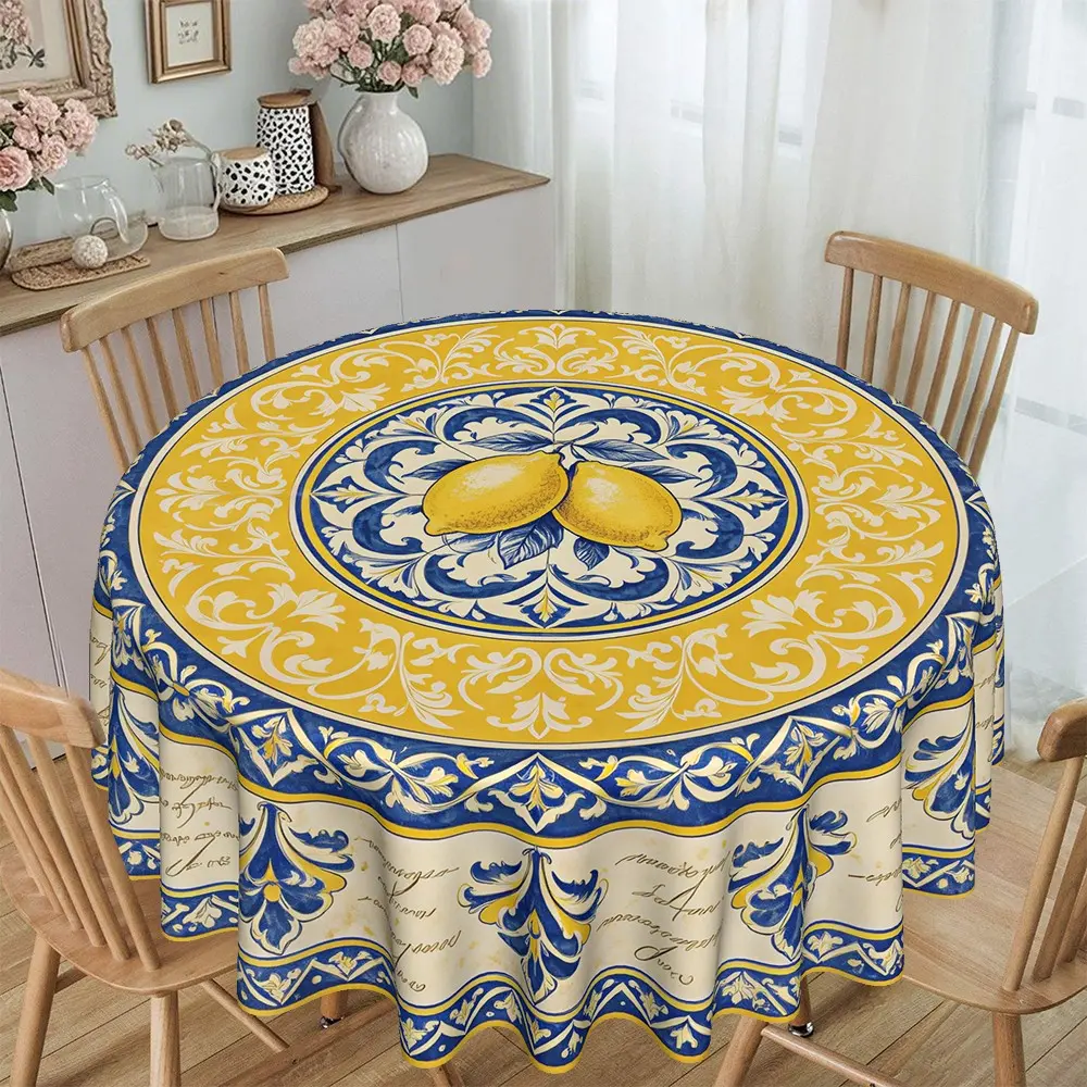 2D Flat Ethnic Style Blue Lemon Flower Print Round Tablecloth, Furniture Protector, Party Decor, Hotel Restaurant Home Use
