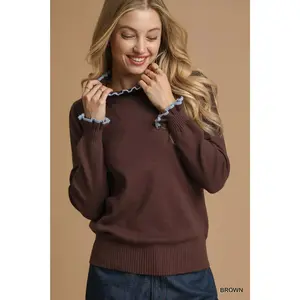 Umgee Ribbed Round Neck Sweater with Ruffle Contrast Trim