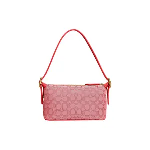 COACH Demi 23 Classic Monogram Zip Top Crossbody Bag for Women, Jacquard and Recycled Leather, Medium Size, Red