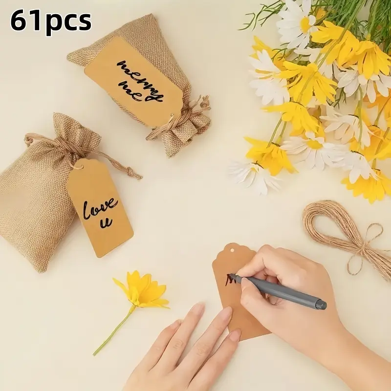 61pcs Hemp Rope Bags Set, DIY Small Hemp Pouches + 30 DIY Cards + 1 Roll Hemp String, Perfect for Wedding Party Gifts, Christmas Jewelry Bag, Customizable Gift