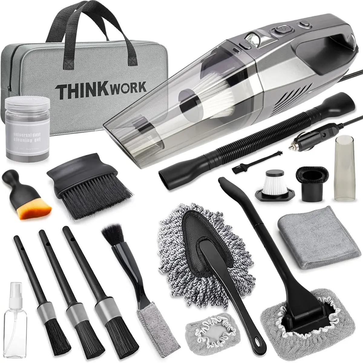 THINKWORK Car Cleaning Kit, Car Vacuum Kit, Gray Car Interior Detailing Kit with 8000PA High Power Vacuum, Gift for Christmas high power