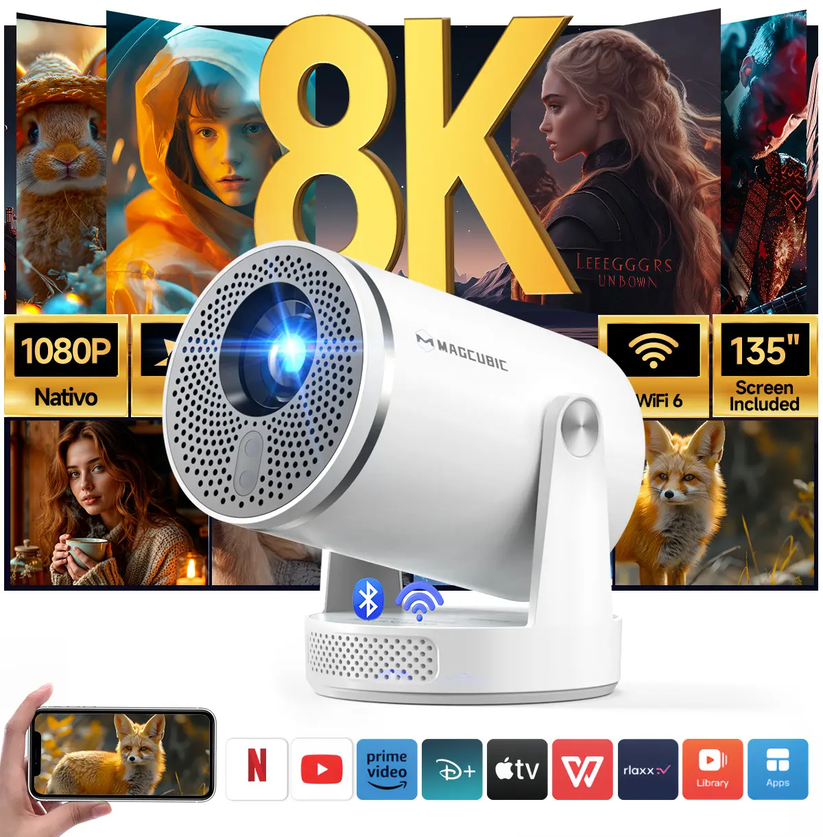 Auto Focus HY320Pro Projector, Native 1080P, Google Assistant, 400ANSI Smart Projector with Android 14, WiFi 6, Bluetooth 5.4, Short Throw Home Theater Projector for Movies, Gaming & Outdoor Use