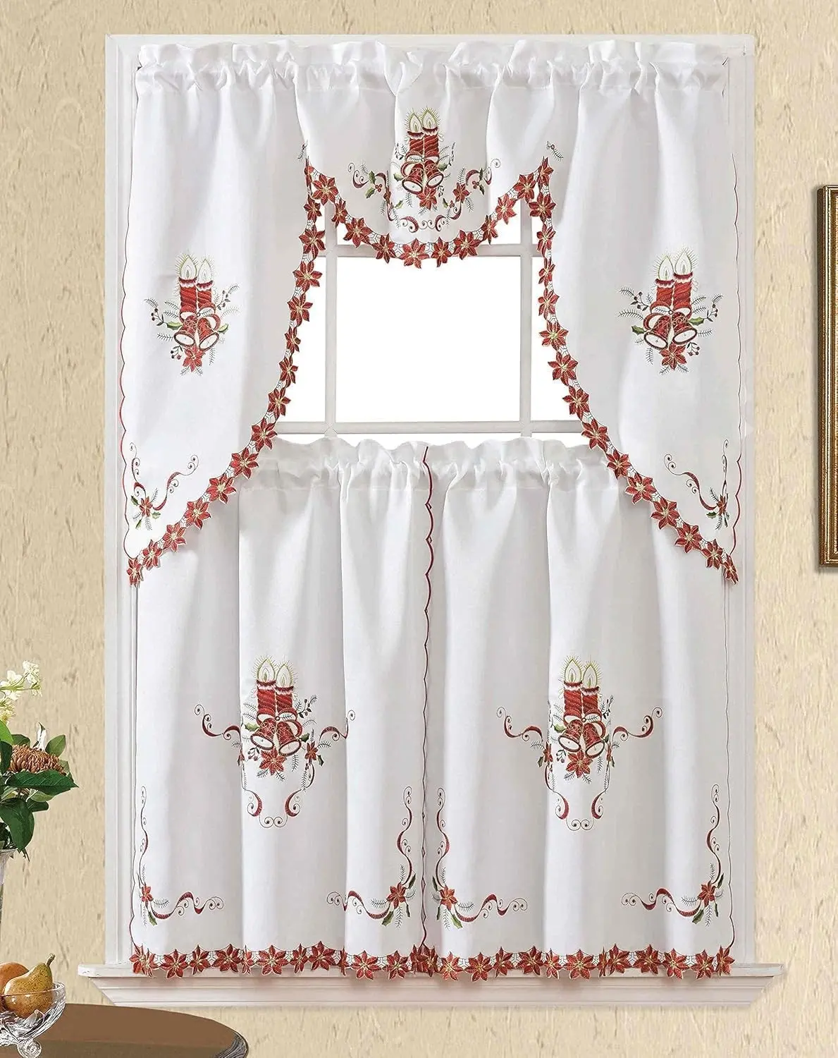 3pcs Multi-Color Embroidery Kitchen Curtains for Windows with cutworks, Swag Valance and Tiers Set,Multi-Color Kitchen Cafe Curtain Set