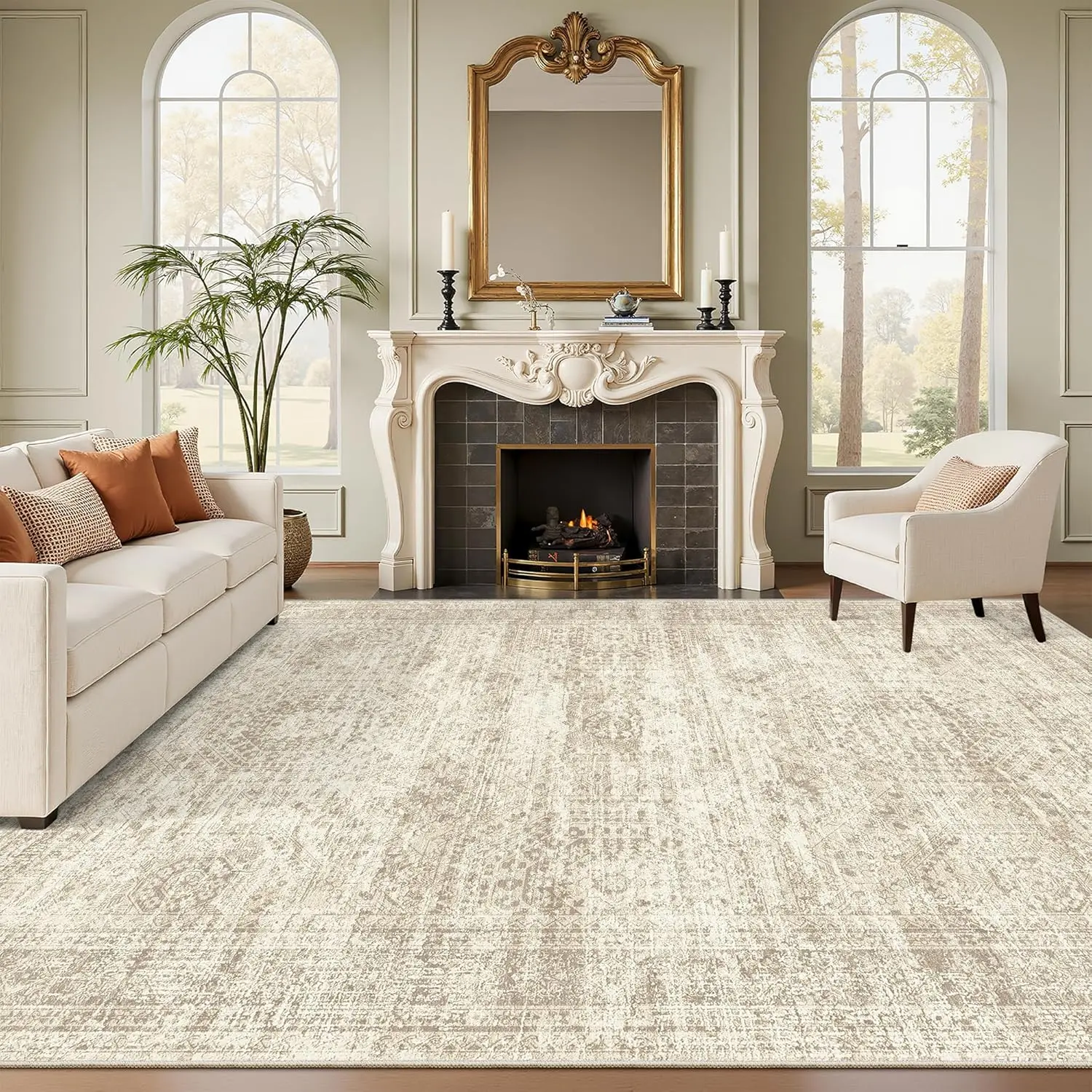 Vintage Beige Machine Washable Area Rug - Super Soft, Non-Slip, Stain-Resistant, Wrinkle Resistant Household Textile for Living Room, Kid Room, Home Decor, Machine Washable Rugs, Super Soft Rug