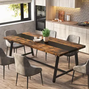 70.9" Farmhouse Dining Table for 6-8 People, Large Rectangular Wood Kitchen Table with Metal Frame, Dining Room Dinner Table for Family Gathering, Brown & Black