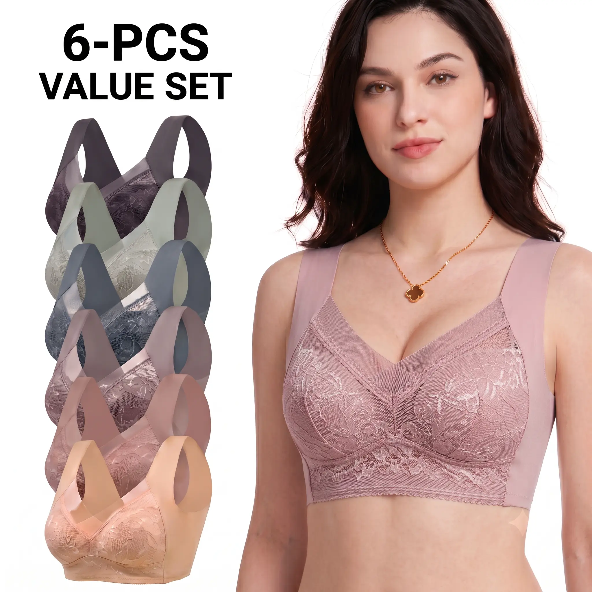 6Pcs Women's Lace Push‑Up Padded Bras, seamless bra,Breathable Elegant Plain Bralettes, Comfort Lingerie for Casual Everyday Wear, Nightwear Gift for Ladies outdoor use Soft Womenswear