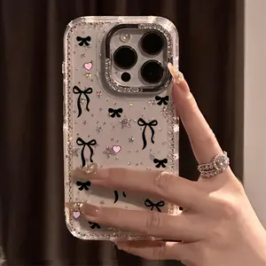 Black Butterfly Heart Luxury Rhinestone Fashion Phone Case, Transparent Sparkling Diamond Frame Star Case Anti-Drop Case, Compatible with iPhone 17 Pro Max 17 Air 16 15 14 Plus 13 12 Protective Cover, Christmas Gift, New Year Gift, Easter Gift