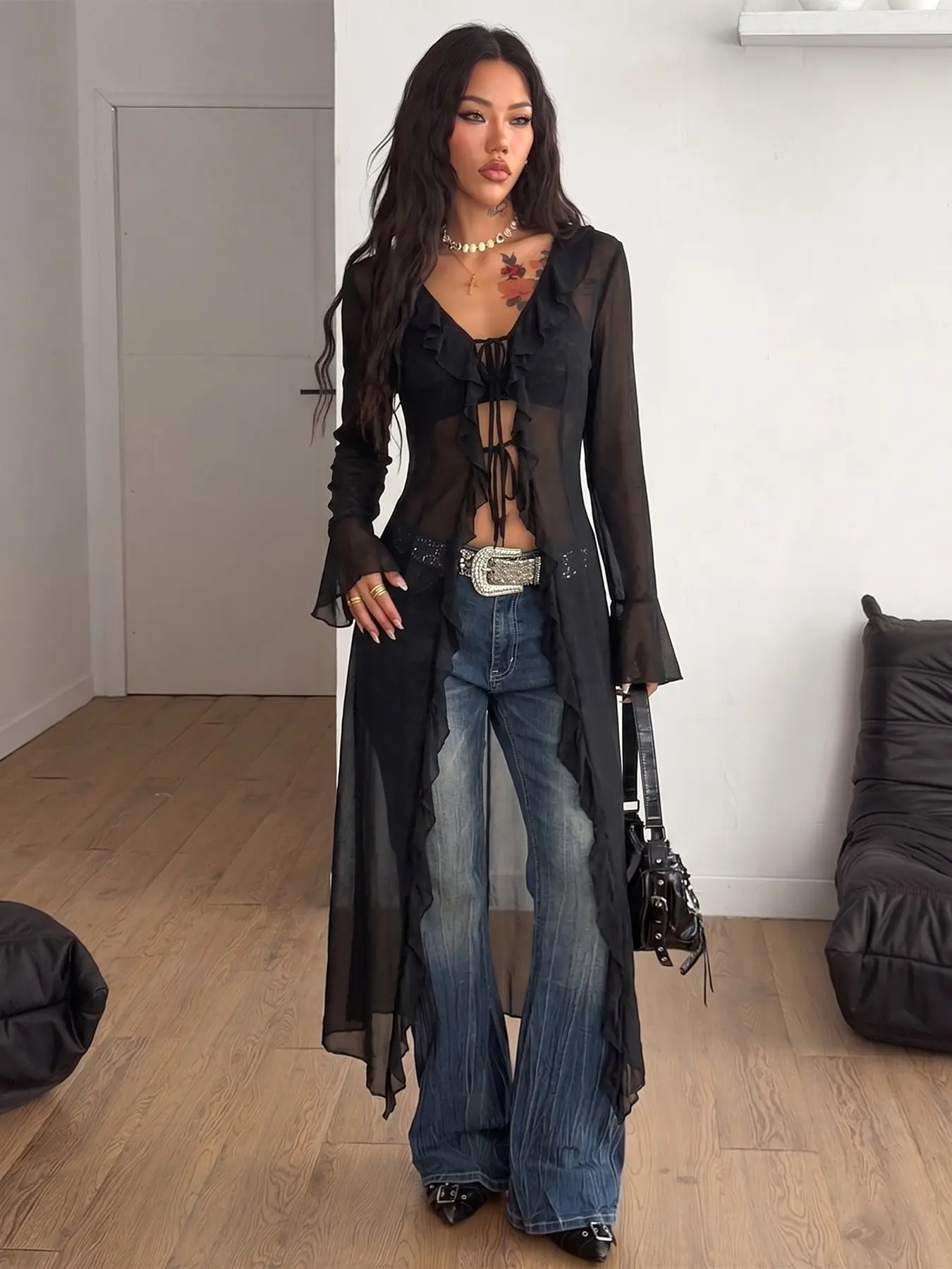 Elegant Aesthetic Lace Long Coat for Women, Clothes, Casual Fitted Design, Office Work Chic, Lightweight Sun Protection, Perfect for All Seasons, Ideal Gift Choice