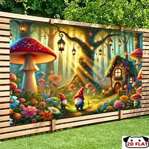 2D Flat Banner 1pc, Whimsical Mushroom House Gnome Backdrop Banner,   Fabricwith Enchanted Forest Scene, No Electricity Needed, Perfect Living Room, Bedroom, Office, Outdoor Parties & Holiday Gifts, Mushroom Dec