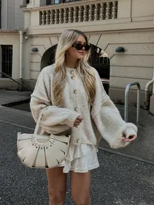 Women's Round Neck Lantern Sleeve Knit Cardigan, Fall & Winter Fashion, Loose Fit, Casual Style, Perfect for Daily Wear, Knitted Sweater