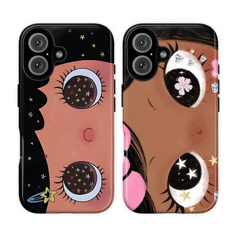 Dreamy INS Glittering Flower-Print Big Eye Comic Girl Cellphone Cover, Water-Proof Protection Tough Case for iPhone 17/16/15/14/13/12/11 Pro Max/X/XS & Samsung Galaxy S21-S25 Plus Ultra, Y2K Gift for Her