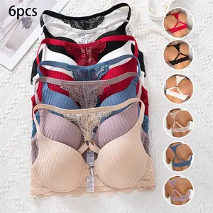 6pcs Front Closure Lace Patchwork Bras for Women Underwire Push-Up Anti-Sagging Sexy Back Design Basic Elegance Minimalist Style